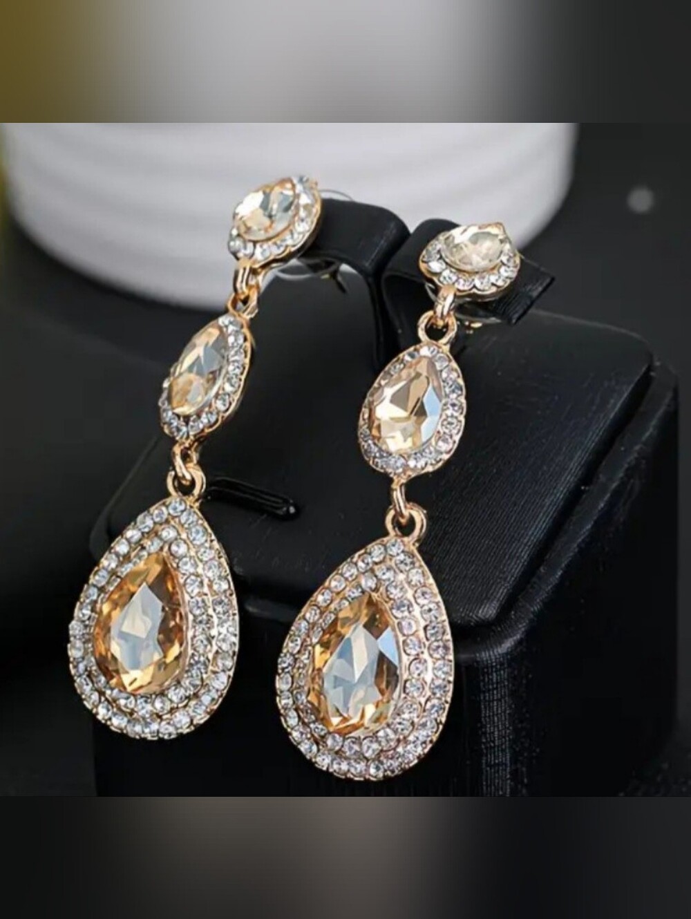 Gold-Tone Champagne Teardrop Crystal Drop Earrings - Women Jewelry - Picture 2 of 2